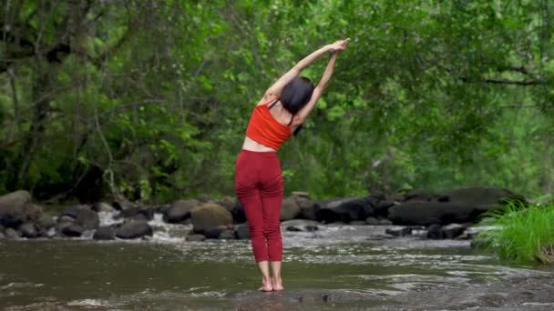 Femme Asiatique Pratiquant Faisant Yoga Cascade Beau Paysage Fond Naturel — Video