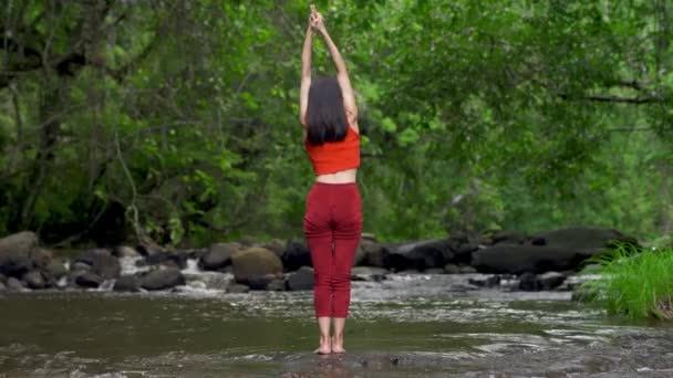 Asijka Cvičí Nebo Cvičí Jógu Vodopádu Krásná Krajina Přírodní Zázemí — Stock video