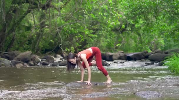 Azjatka Ćwiczy Lub Ćwiczy Jogę Nad Wodospadem Piękny Krajobraz Naturalne — Wideo stockowe