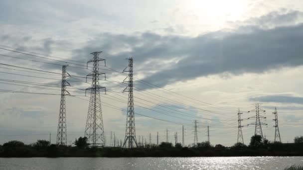 Electricity Power Station Electric Pole Clouds Sunset Bangpakong Powerplant Thailand — Stock Video