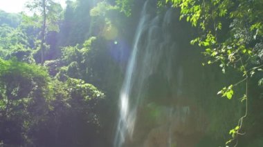 Ormanın derinliklerindeki görünmeyen şelale manzarası sabah yemyeşil yapraklar ve güneş ışığı. Saraburi Asya Tayland