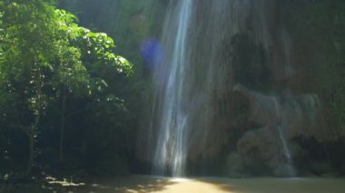 Ormanın derinliklerindeki görünmeyen şelale manzarası sabah yemyeşil yapraklar ve güneş ışığı. Saraburi Asya Tayland