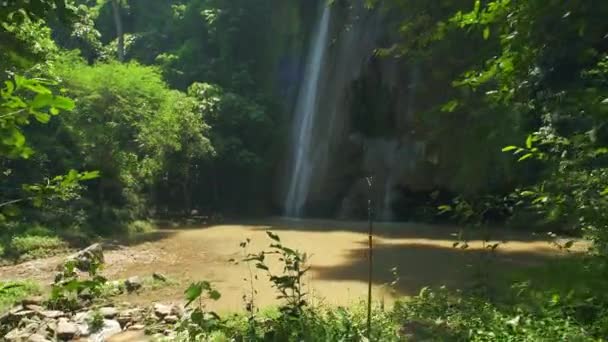 Increíble Vista Cascada Invisible Bosque Profundo Frondosas Hojas Verdes Sol — Vídeos de Stock