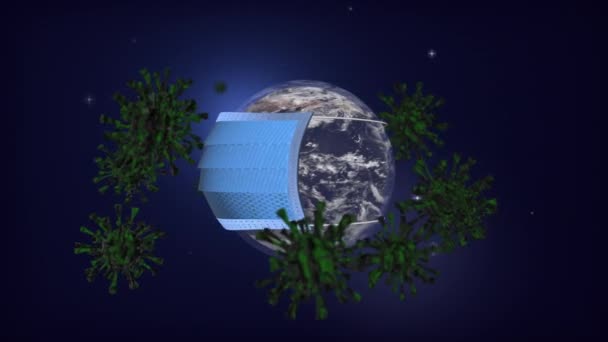 Planeta Terra Usando Máscara Proteger Vírus Coronavírus Covid Flutuando Torno — Vídeo de Stock