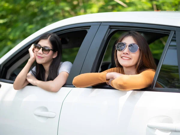 Happy Two Asian Women Smile Summer Holiday Travel Trip Car — Photo
