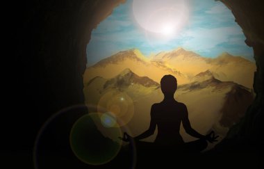 Kız Yoga silüeti gün batımı arka plan üzerinde poz