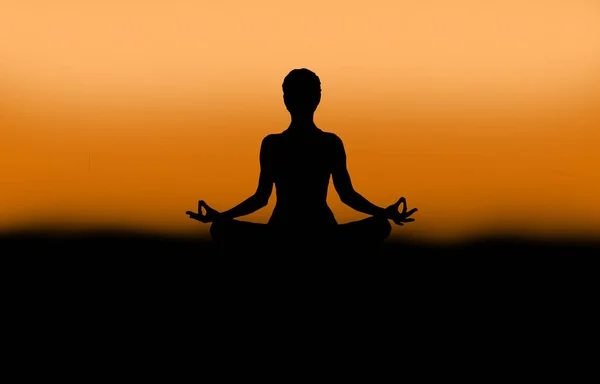 Silhouette Girl Yoga Pose Sunset Background — Stock Photo, Image