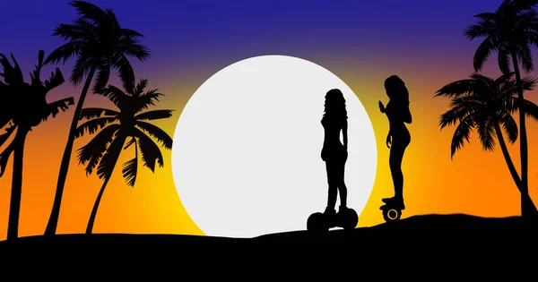 Silhouette Ragazze Pattinare Segway Sfondo Tramonto Palme — Foto Stock