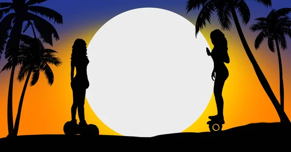Silhouette of girls skate on segway on sunset background and palms