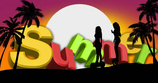 Silhouette of girls skate on segway on sunset background and palms
