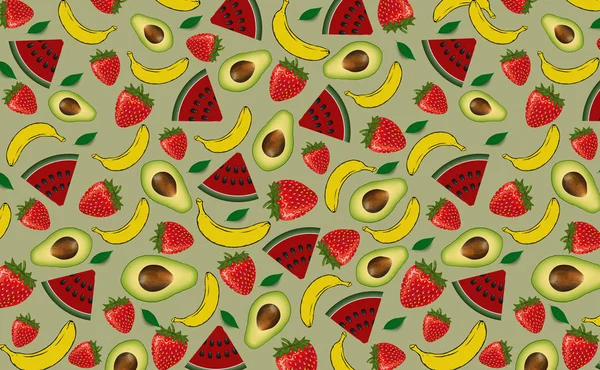 イチゴ バナナ スイカ アボカドの果実パターン — ストック写真
