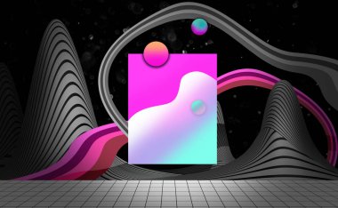 Sıvı kabarcıkları ile soyut vektör poster. Geometrik memphis öğeleri.