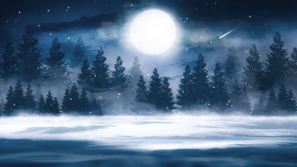 Sötét Erdő Sötét Sötét Jelenet Fákkal Nagy Holddal Holdfénnyel Füst — Stock Fotó