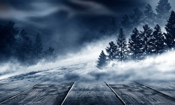 Χειμερινό Φόντο Χειμερινό Χιόνι Τοπίο Ξύλινο Τραπέζι Μπροστά Σκοτεινό Χειμερινό — Φωτογραφία Αρχείου