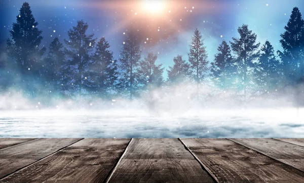 Winter Background Winter Snow Landscape Wooden Table Front Dark Winter — Stock Photo, Image