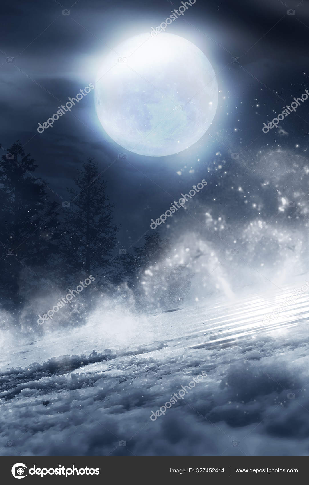 Темный Зимний Лесной Фон Ночью Снег Туман Лунный Свет Темный.