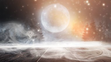 Geceleri karanlık kış ormanları. Kar, sis, ay ışığı. Ormanda ay ışığı olan karanlık neon gece arkaplanı. Ortadaki neon figür. Gece görüşü, sihir..