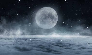 Geceleri karanlık kış ormanları. Kar, sis, ay ışığı. Ormanda ay ışığı olan karanlık neon gece arkaplanı. Ortadaki neon figür. Gece görüşü, sihir..