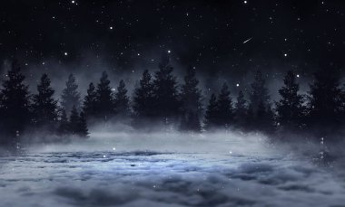 Geceleri karanlık kış ormanları. Kar, sis, ay ışığı. Ormanda ay ışığı olan karanlık neon gece arkaplanı. Ortadaki neon figür. Gece görüşü, sihir..