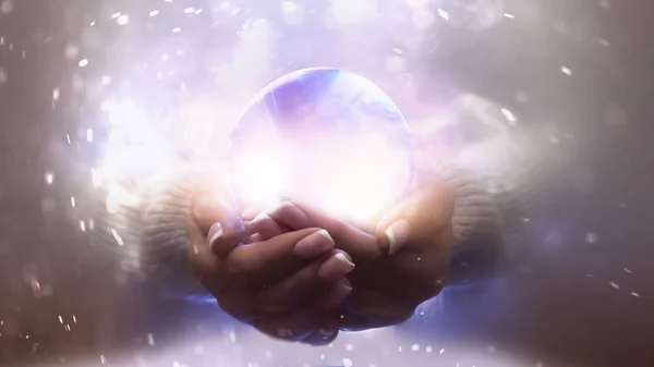 Magic Particles Emanating Female Hands Magic Particles Palms Magic Witchcraft — Stock Photo, Image