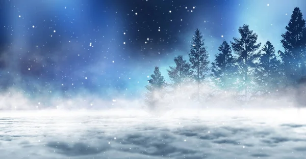 Dunklen Winterwald Hintergrund Der Nacht Schnee Nebel Mondschein Dunkler Neonfarbener — Stockfoto