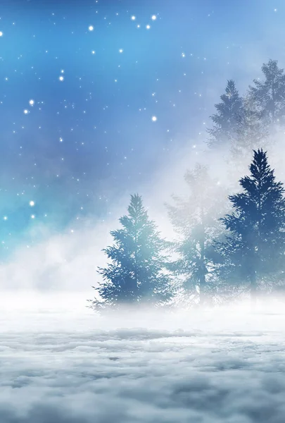Dunklen Winterwald Hintergrund Der Nacht Schnee Nebel Mondschein Dunkler Neonfarbener — Stockfoto