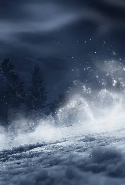 Dark winter forest background at night. Snow, fog, moonlight. Dark neon night background in the forest with moonlight. Neon figure in the center. Night view, magic.