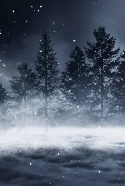 Fondo Oscuro Del Bosque Invierno Por Noche Nieve Niebla Luz — Foto de Stock