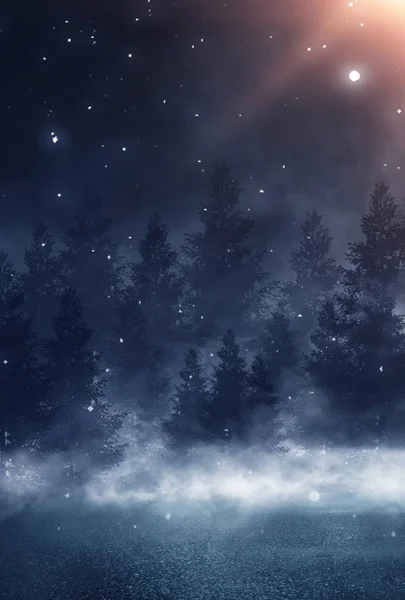Floresta Escura Inverno Fundo Noite Neve Nevoeiro Luar Noite Néon — Fotografia de Stock