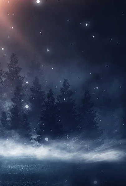 Floresta Escura Inverno Fundo Noite Neve Nevoeiro Luar Noite Néon — Fotografia de Stock