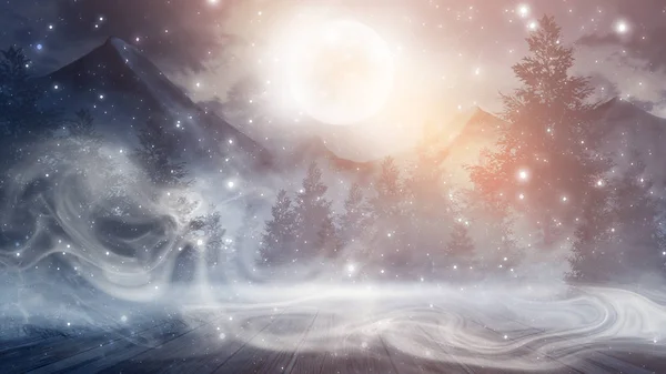 Dark Winter Forest Background Night Snow Fog Moonlight Dark Neon — Stock Photo, Image