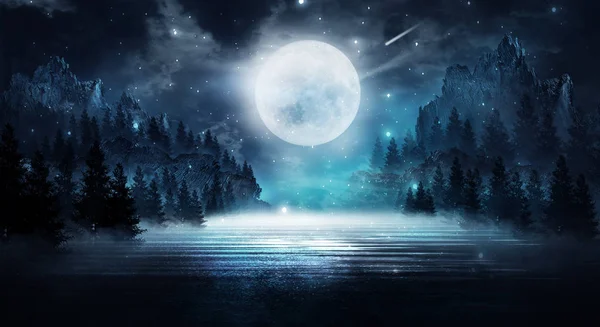 Dark Winter Forest Background Night Snow Fog Moonlight Dark Neon — Stock Photo, Image