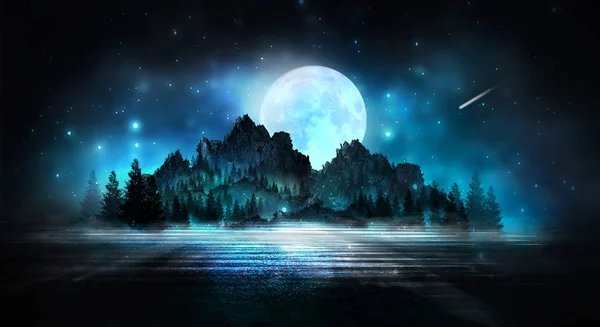 Темный Зимний Лесной Фон Ночью Снег Туман Лунный Свет Темный — стоковое фото