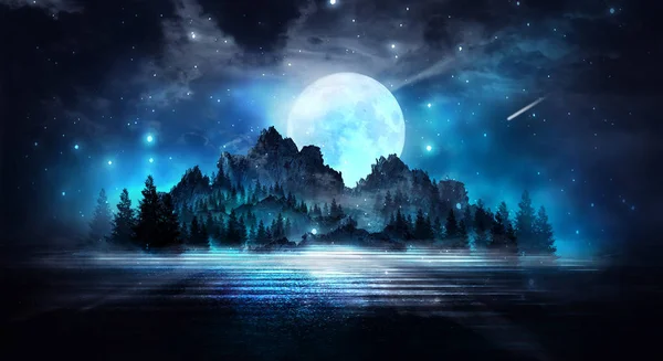 Dark winter forest background at night. Snow, fog, moonlight. Dark neon night background in the forest with moonlight. Neon figure in the center. Night view, magic.