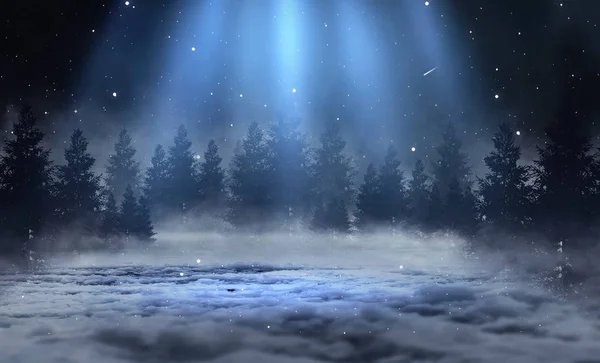 Fondo Oscuro Del Bosque Invierno Por Noche Nieve Niebla Luz — Foto de Stock