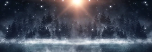 Ciemne Zimowe Tło Lasu Nocy Śnieg Mgła Światło Księżyca Ciemne — Zdjęcie stockowe