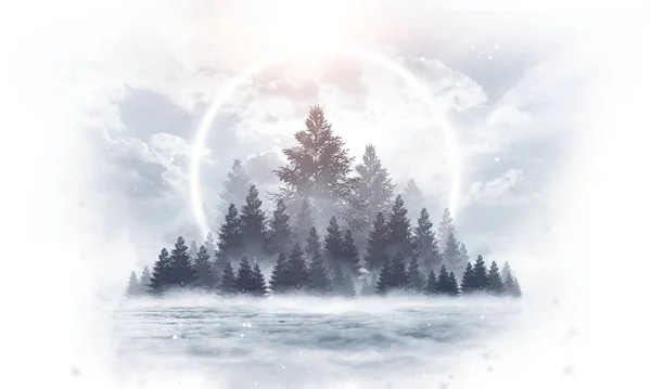Dunklen Winterwald Hintergrund Der Nacht Schnee Nebel Mondschein Dunkler Neonfarbener — Stockfoto
