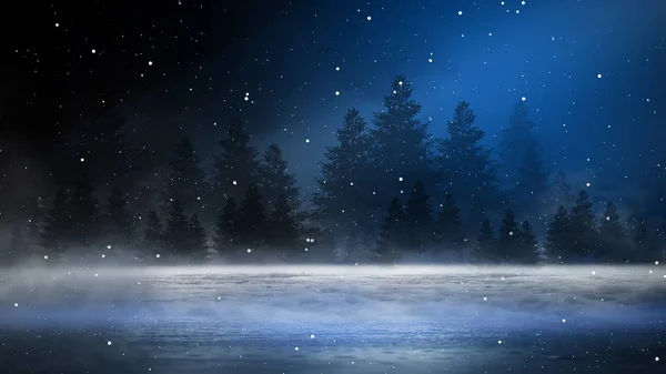 夜の暗い冬の森の背景 雪霧月明かり月光と森の中で暗いネオンの夜の背景 中央のネオンフィギュア 夜景魔法 — ストック写真