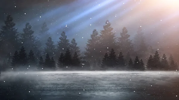 夜の暗い冬の森の背景 雪霧月明かり月光と森の中で暗いネオンの夜の背景 中央のネオンフィギュア 夜景魔法 — ストック写真