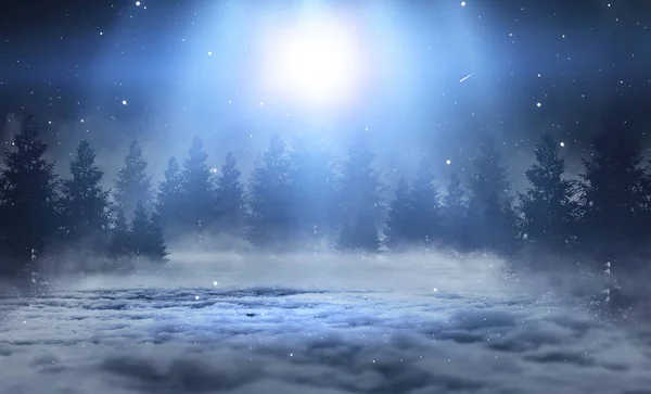 Σκοτεινό Χειμερινό Δάσος Νύχτα Χιόνι Ομίχλη Σεληνόφως Σκοτεινό Νυχτερινό Φόντο — Φωτογραφία Αρχείου