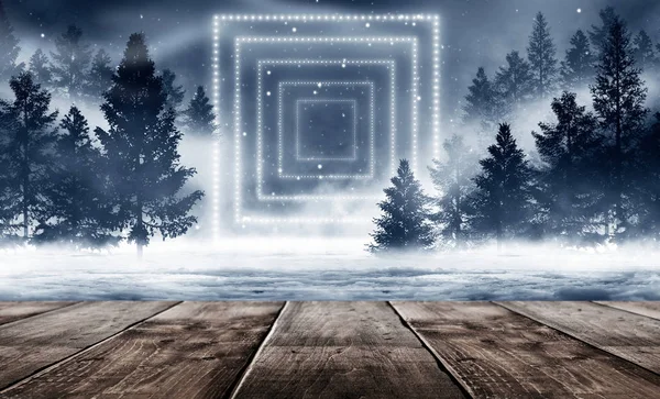 Dark winter forest background at night. Winter snow landscape with wooden table in front. Snow, fog, moonlight. Dark neon night background in the forest with moonlight. Neon figure in the center. Night view, magic.