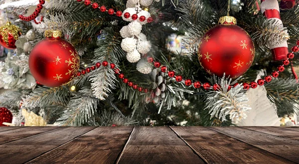 Vánoční Sváteční Stůl Prázdná Slavnostní Scéna Dřevěný Stůl Lucerny Míče — Stock fotografie