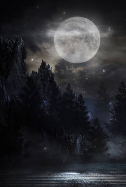 Soyut orman manzaralı fütürist gece manzarası. Karanlık doğal orman sahnesi, suda ay ışığının yansıması, neon mavi ışık. Karanlık neon çember arka plan, karanlık orman, geyik, ada.