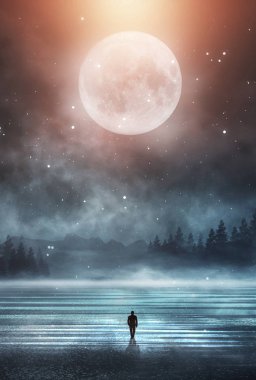 Soyut orman manzaralı fütürist gece manzarası. Karanlık doğal orman sahnesi, suda ay ışığının yansıması, neon mavi ışık. Karanlık neon çember arka plan, karanlık orman, geyik, ada.