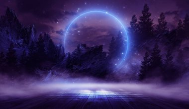 Soyut orman manzaralı fütürist gece manzarası. Karanlık doğal orman sahnesi, suda ay ışığının yansıması, neon mavi ışık. Karanlık neon çember arka plan, karanlık orman, geyik, ada.