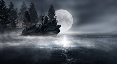 Soyut orman manzaralı fütürist gece manzarası. Karanlık doğal orman sahnesi, suda ay ışığının yansıması, neon mavi ışık. Karanlık neon çember arka plan, karanlık orman, geyik, ada.