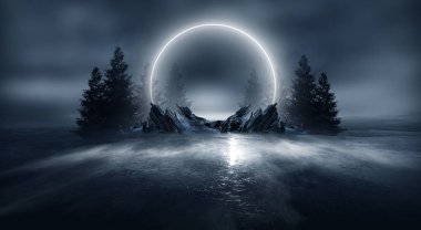 Soyut orman manzaralı fütürist gece manzarası. Karanlık doğal orman sahnesi, suda ay ışığının yansıması, neon mavi ışık. Karanlık neon çember arka plan, karanlık orman, geyik, ada.