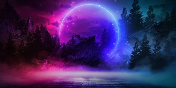Futuristic night landscape with abstract forest landscape. Dark natural forest scene with reflection of moonlight in the water, neon blue light. Dark neon circle background, dark forest, deer, island.