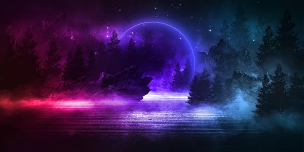 Futuristic night landscape with abstract forest landscape. Dark natural forest scene with reflection of moonlight in the water, neon blue light. Dark neon circle background, dark forest, deer, island.