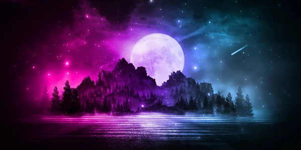 Soyut orman manzaralı fütürist gece manzarası. Karanlık doğal orman sahnesi, suda ay ışığının yansıması, neon mavi ışık. Karanlık neon çember arka plan, karanlık orman, geyik, ada.